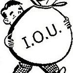 I.O.U（借用書）の大袋を抱える男性