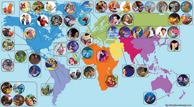 ディズニーのアニメキャラ、CGキャラの出身地を表す世界地図