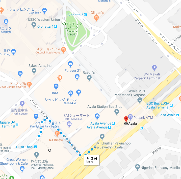 アヤラ駅からホテルまでのグーグルマップ
