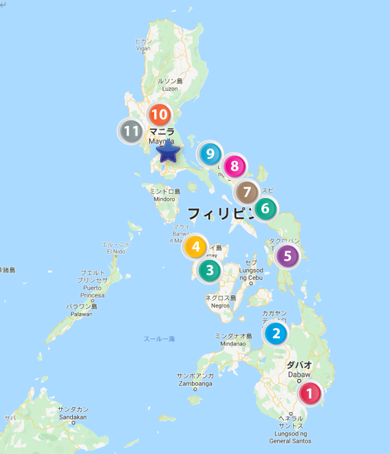 フィルトランコの行先を記したフィリピン全土マップ